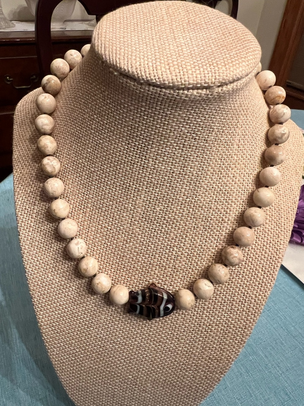 Hand knotted 16” Jasper necklace with art glass fish bead 14k GF clasp
